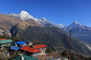 the camps and lodge near the Annapurna range in nepal, poon hill trekking circle clipart