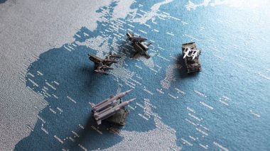 Füze fırlatma modeli ve Ortadoğu haritası, İsrail ve İran sınırlarını içerir