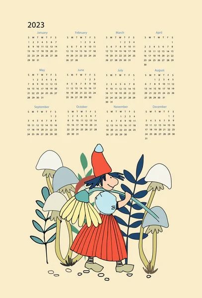 カレンダーベクトルテンプレートの年2023とともに手描き面白い森の女の子の間でキノコと植物 — ストックベクタ