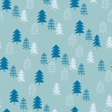 Karlı köknar ağaçlarıyla kusursuz tekrarlanan desen. Noel, yeni yıl, kış konsepti. Hediye paketi, yüzey işareti ve diğer tasarım projeleri için arka plan