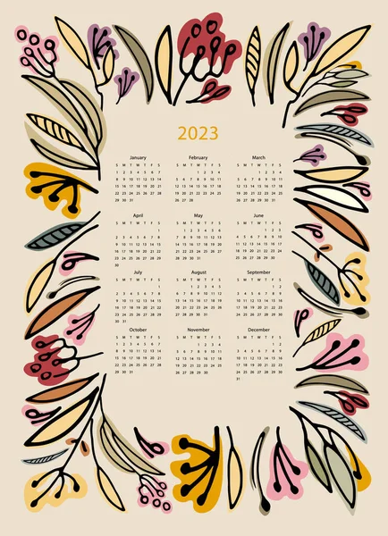 Шаблон Вектора Календаря 2023 Год Нарисованными Вручную Полевыми Цветами Светлом — стоковый вектор