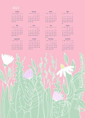 2023 yılı için takvim vektör şablonu ve hafif arka planda el çizimi yabani çiçekler