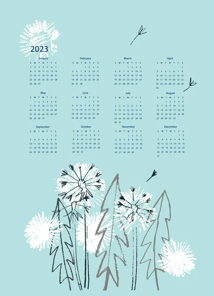 Шаблон Вектора Календаря 2023 Год Нарисованными Вручную Пушистыми Цветами Одуванчика — стоковый вектор