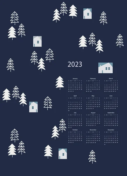 Шаблон Вектора Календаря 2023 Год Тлеющим Домом Деревьями Тёмном Фоне — стоковый вектор