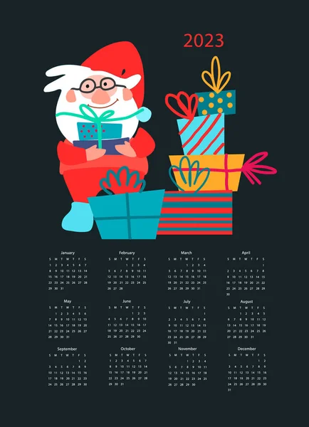 Шаблон Вектора Календаря 2023 Год Нарисованными Вручную Смешными Сантами Подарками — стоковый вектор