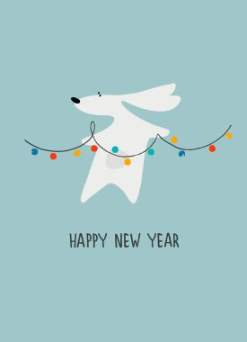 Su Tavşanı 'yla yeni yıl tebrik kartın kutlu olsun, 2023 için zodyak hayvanı. Komik Çin burcu tavşanı ve el yazısı selamlama cümlesi