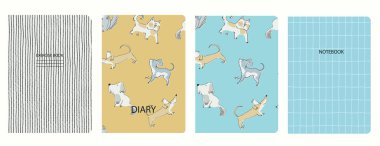 Köpekli kusursuz desenlere dayalı kapak sayfası vektör şablonları. Okul kitapları, not defterleri, çocuk günlükleri için mükemmel.
