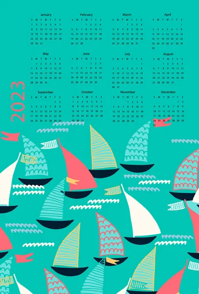Шаблон Вектора Календаря 2023 Год Парусниками Бирюзовом Фоне Изолированные Даты — стоковый вектор