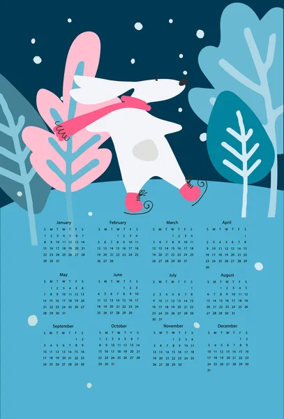カレンダーベクトルテンプレート手描き面白いと2023年のための水ウサギ ゾディアック動物夜の森 — ストックベクタ