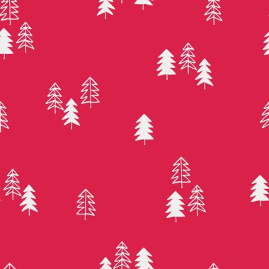 Yılın Rengi 'ndeki karlı köknar ağaçlarıyla kusursuz tekrarlanan desen, Viva Magenta. Noel, yeni yıl arifesi, kış konsepti. Paket kağıdı, yüzey tasarımı ve diğer tasarım projeleri için kırmızı arkaplan