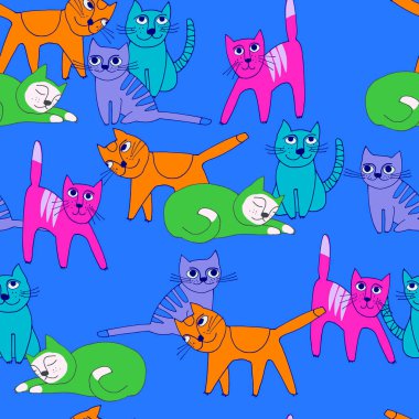 Komik kediyle kusursuz desen, parlak renklerde. Çocuklar için mükemmel. Çizgi filmdeki vektör çizimlerinden yapılmış, taslak biçimi