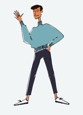 El sallayan genç bir adam figürü. çizgi çizimleri, düz biçim, izole vektör ögesi, el harfleri