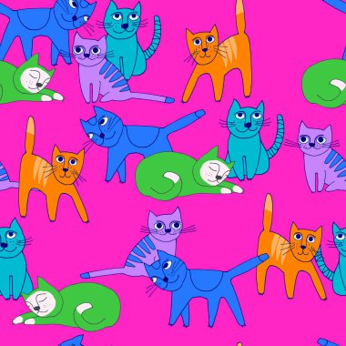Komik kediyle kusursuz desen, parlak renklerde. Çocuklar için mükemmel. Çizgi filmdeki vektör çizimlerinden yapılmış, taslak biçimi
