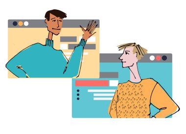 Two Young man in front of a computer screen. line illustrations, Flat style, isolated vector element, hand lettering
