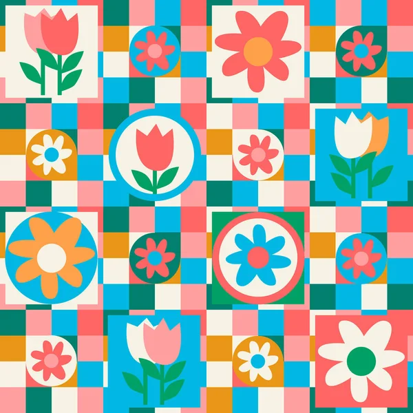 Seamless Pattern Hand Drawn Flowers Decorated Patterns Naive Style Wrapping Vectores de stock libres de derechos