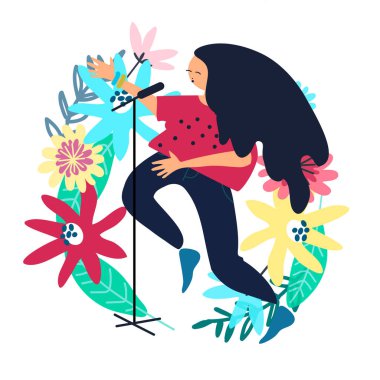 Sahne mikrofonunun yanında dans eden bayan pop şarkıcısı. Pop müzik konseri. Ses ve dans performansı. Düz biçimli vektör illüstrasyonu