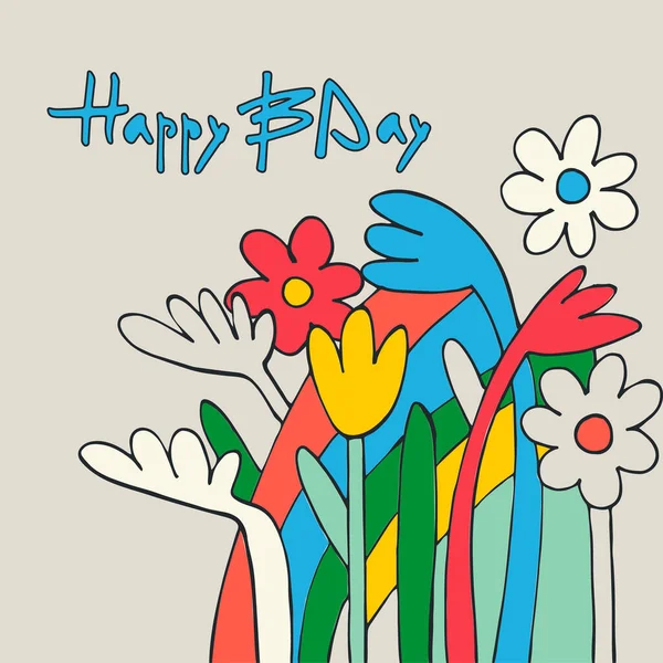 Happy Birthday Greeting Card Design Flowers Trendy Retro Style Handwritten — Stock Vector