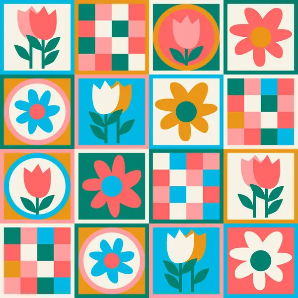 Seamless pattern. Hand drawn flowers decorated with patterns in naive style. For wrapping paper, other design projects