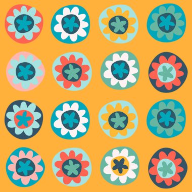 Seamless pattern. Hand drawn flowers decorated with patterns in naive style. For wrapping paper, other design projects