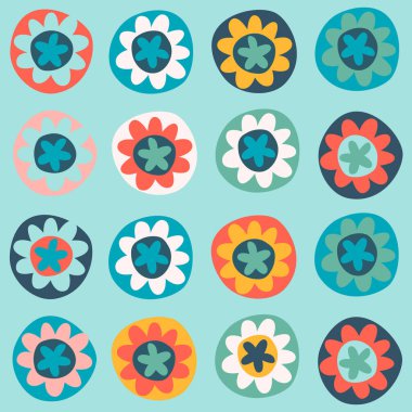 Seamless pattern. Hand drawn flowers decorated with patterns in naive style. For wrapping paper, other design projects