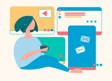 Bilgisayar ekranının önündeki gençler. çizgi çizimleri, düz biçim, izole vektör ögesi, el harfleri