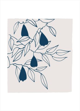 Yaprakları ve armutları olan vektör grafiği. Dekoratif basılabilir sanat. Baskı, poster, kırtasiye, logo, damgalama, davetiye, sosyal medya paylaşımları için çağdaş tasarım