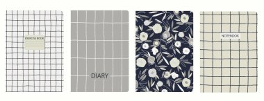 El çizimi çiçekler, dallar ve yapraklarla kapak sayfası şablonları. Kusursuz kalıplara dayanarak. Defterler, defterler, günlükler için arka planlar. Başlıklar izole ve değiştirilebilir