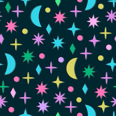 Kusursuz desen. Yıldızların ve gezegenlerin el çizimi vektör çizimleri. Karanlık arka planda Neobrutalizm tarzında.