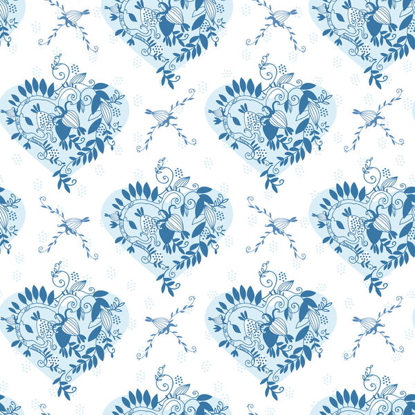 Seamless pattern with hand drawn great design for wedding decoration, for tablecloth, napkins, background on blue background. Wedding, Valentines Day concept, love,, romance concept