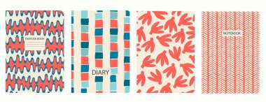 Izgarasız şablonlara, spiral çizgilere, ekose desenlere dayalı kapak parlak sayfa şablonları. Okul defterleri, günlükler için ekose arka planlar. Başlıklar izole ve değiştirilebilir