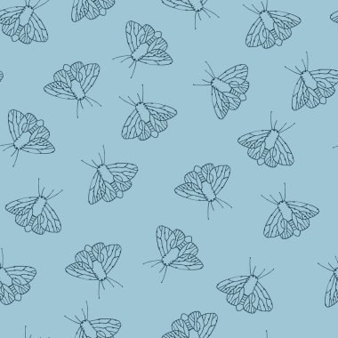 Fantezi güveleri olan kusursuz desenler, kalem çiziminde kelebekler. Mutlu yaz çizimleri. Duvar kağıdı, tekstil, çocuklar için arka plan