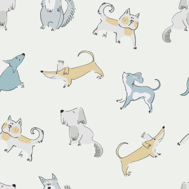 Seamless pattern with funny dogs playing. Perfect for kids. Bone, ball and terrier doodles on blue background clipart