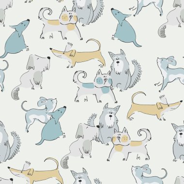 Komik köpeklerin oynadığı kusursuz bir şablon. Çocuklar için mükemmel. Mavi arka planda kemik, top ve teriyer karalamaları
