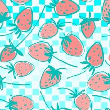 Yüzey tasarımı ve diğer tasarım projeleri için el yapımı çilekli kusursuz desen. Bahçe işleri, yaz, sağlıklı yemek temaları