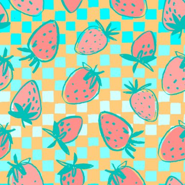 Yüzey tasarımı ve diğer tasarım projeleri için el yapımı çilekli kusursuz desen. Bahçe işleri, yaz, sağlıklı yemek temaları