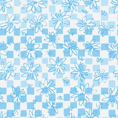 Elle çizilmiş çayır çiçekleri ekose desenli, pürüzsüz desen. Yüzey tasarımı ve diğer tasarım projeleri için Violet arka planında özetlenmiş çizimler