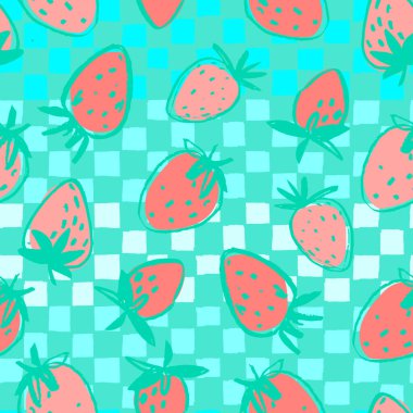 Yüzey tasarımı ve diğer tasarım projeleri için el yapımı çilekli kusursuz desen. Bahçe işleri, yaz, sağlıklı yemek temaları