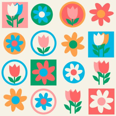 Seamless pattern. Hand drawn flowers decorated with patterns in naive style. For wrapping paper, other design projects