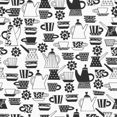 Kusursuz desen. İskandinav tarzı desenlerle süslenmiş el yapımı siyah beyaz Fika koffe bardakları. Sıcak içecekler, çömlek, tatil konsepti. Paket kağıdı ve diğer tasarım projeleri için