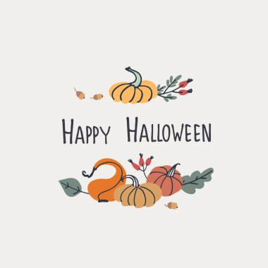 Cadılar Bayramı tebrik kartı. Kabaklı ve harfli vektör çizimi. Elle yazılmış selamlama cümlesi