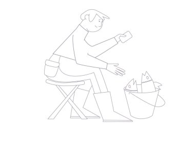 Balık tutan bir adam. Çizgi sanatı tarzında illüstrasyon. Turizm, hobi, balıkçı ve av