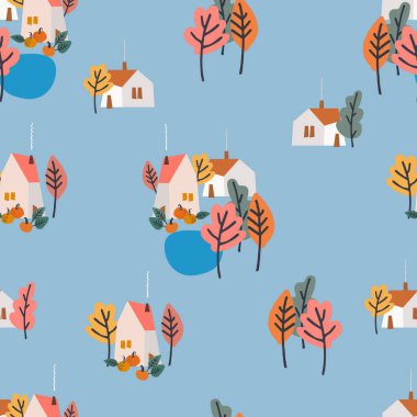 Köy evleri, sarı ağaçlar, yağmurlu bulutlar. Samimi bir arka plan, kırsal sonbahar konsepti. Şükran Günü konsepti. Yüzey tasarımı ve diğer tasarım projeleri için