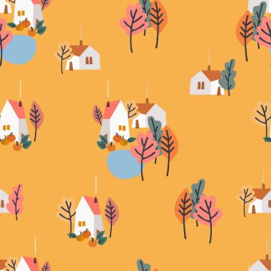 Köy evleri, sarı ağaçlar, yağmurlu bulutlar. Samimi bir arka plan, kırsal sonbahar konsepti. Şükran Günü konsepti. Yüzey tasarımı ve diğer tasarım projeleri için