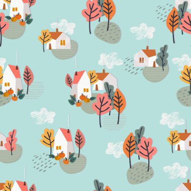 Köy evleri, sarı ağaçlar, yağmurlu bulutlar. Samimi bir arka plan, kırsal sonbahar konsepti. Şükran Günü konsepti. Yüzey tasarımı ve diğer tasarım projeleri için