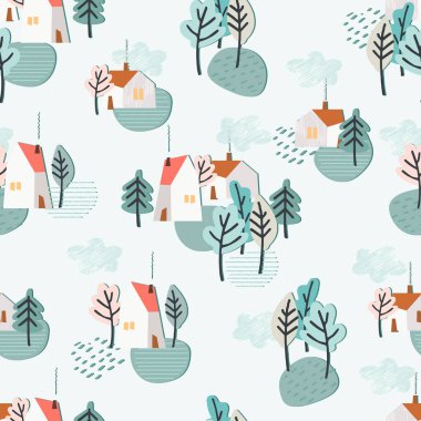 Kış kulübeleri, kardaki köknar ağaçları ve kayaklarla kusursuz desen. Kış tatili geçmişi. Kış tatili konsepti