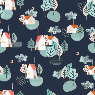 Geceleri kusursuz desenler, kışlık kulübeler, kardaki köknar ağaçları ve kayaklar. Kış tatili geçmişi. Kış tatili konsepti