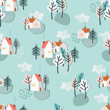 Kış kulübeleri, kardaki köknar ağaçları ve kayaklarla kusursuz desen. Kış tatili geçmişi. Kış tatili konsepti