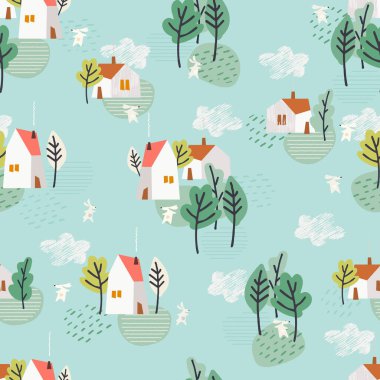 Paskalya tavşanı ve pastel arka planda bir sepet yumurta ve pastoral köy evleriyle Paskalya teması kusursuz.