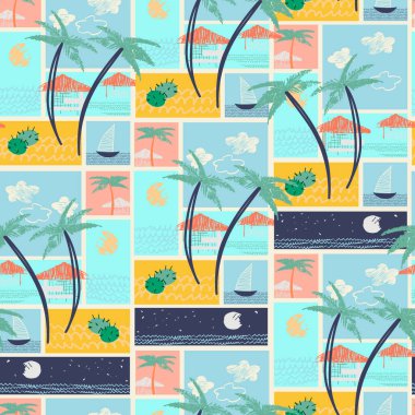 Palmiye ağaçları, deniz ve güneş gibi pürüzsüz desenler. Paket ve hediye kağıdı, kumaş ve duvar kağıdı için.