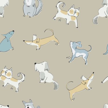 Komik köpeklerin oynadığı kusursuz bir şablon. Çocuklar için mükemmel. Mavi arka planda kemik, top ve teriyer karalamaları